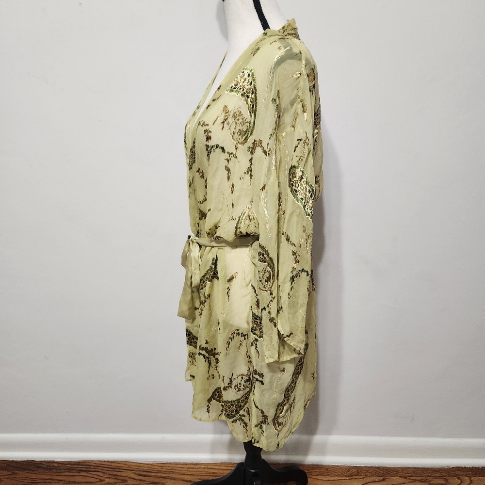 Silk Blend Robe Kimono Duster Green Sheer Floral Paisley Women’s Large - Picture 3 of 12